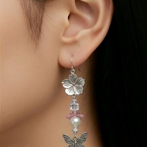 Silver Floral & Butterfly Drop Earrings with Pink Accents